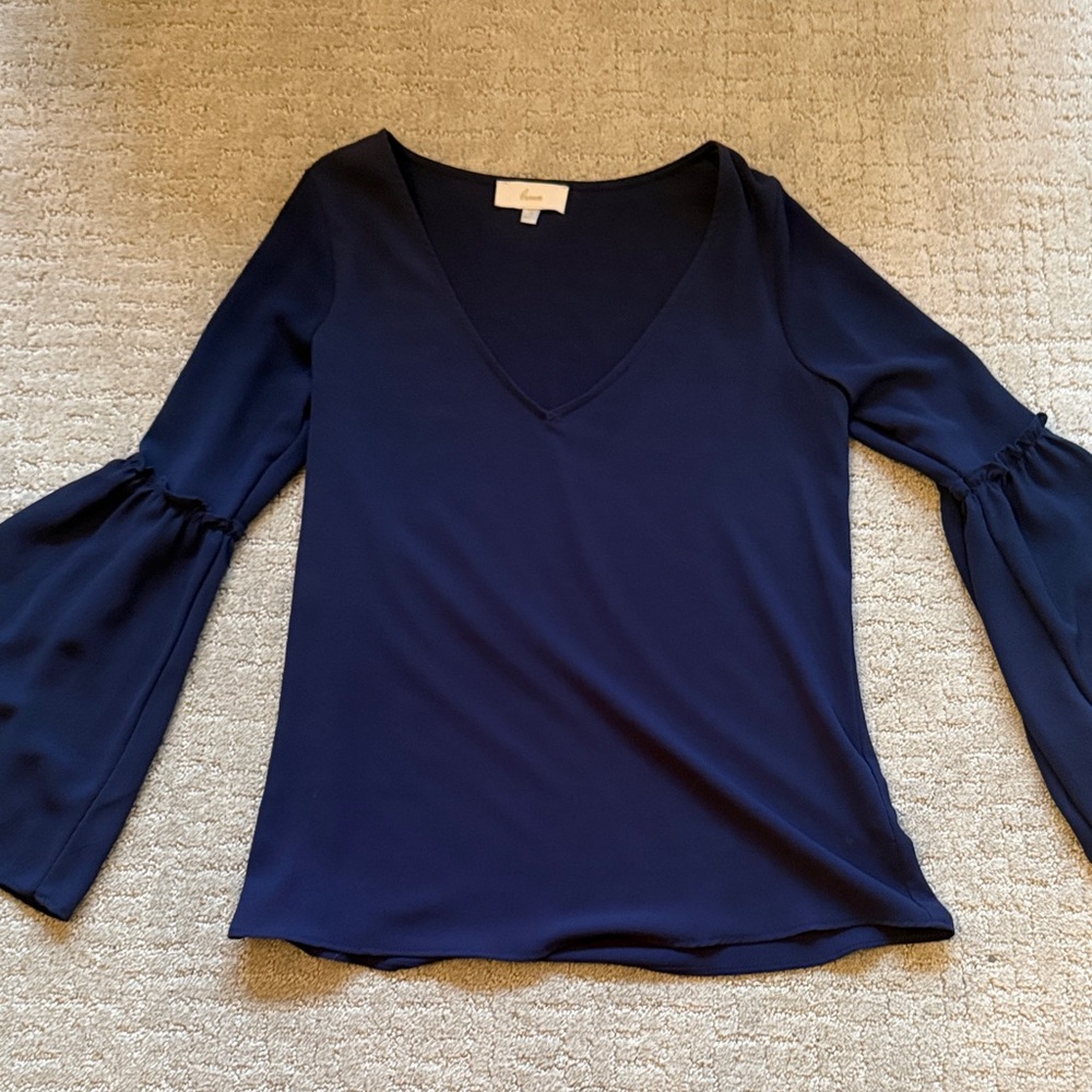 Chic Navy V-Neck Blouse with Bell Sleeves